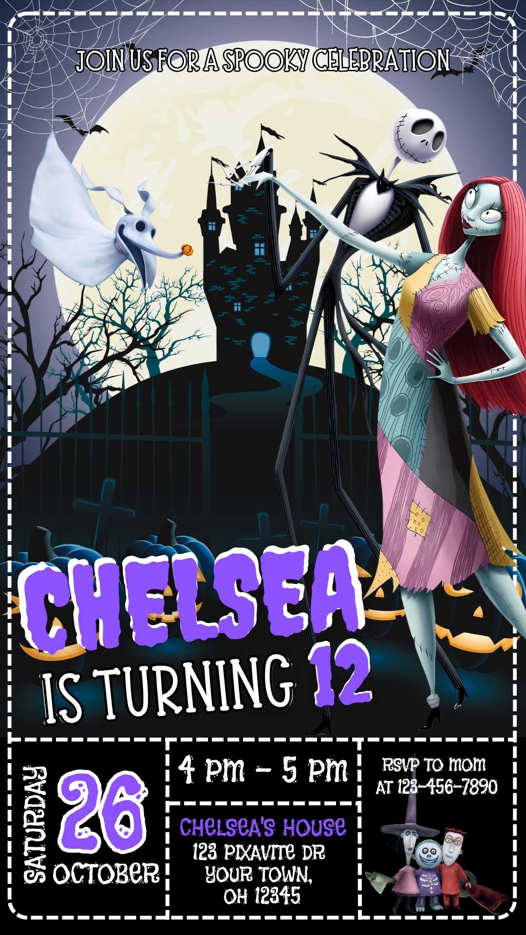 editable the nightmare before christmas halloween birthday invitation  template | spooky invite
